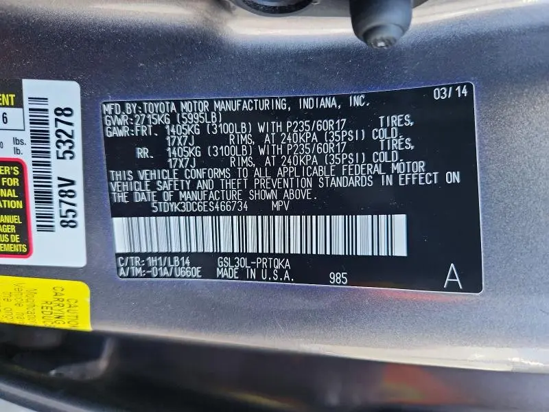 2014 TOYOTA SIENNA XLE 8-PASSENGER  