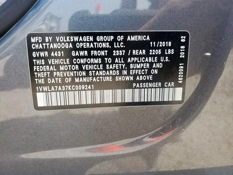 2019 VOLKSWAGEN PASSAT WOLFSBURG  