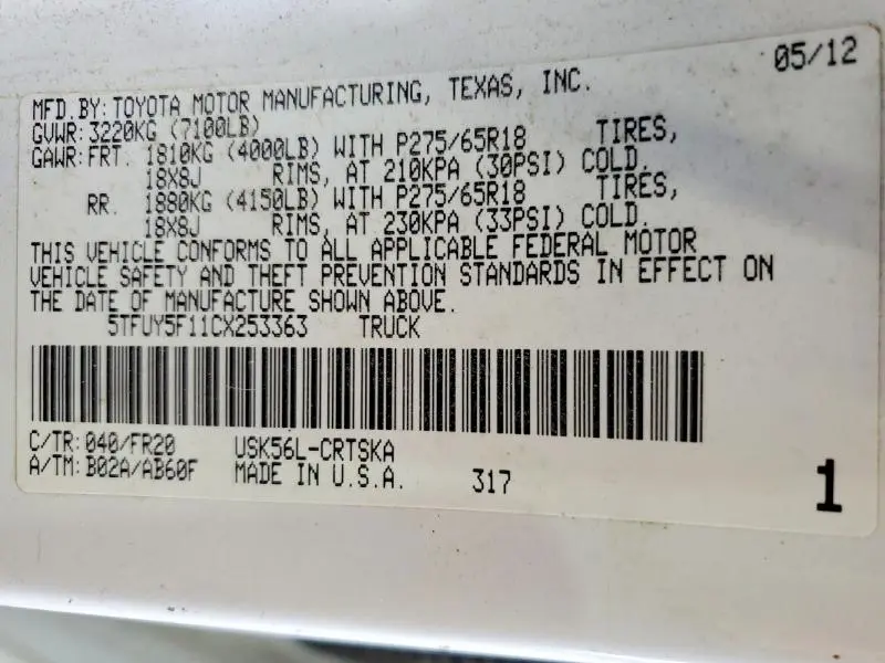 2012 TOYOTA TUNDRA GRADE  