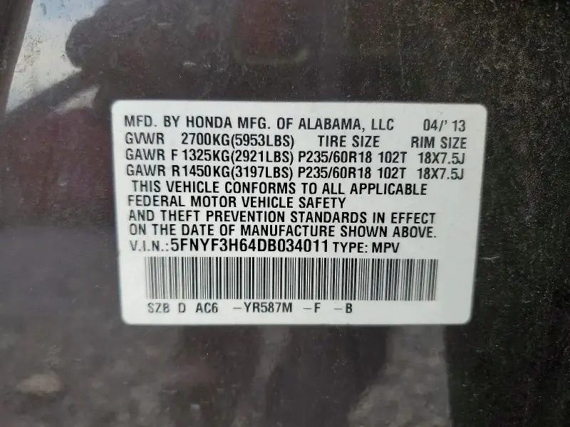 2013 HONDA PILOT EXL  