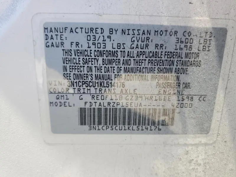 2019 NISSAN KICKS S  