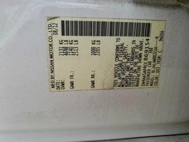 2012 NISSAN MAXIMA S  