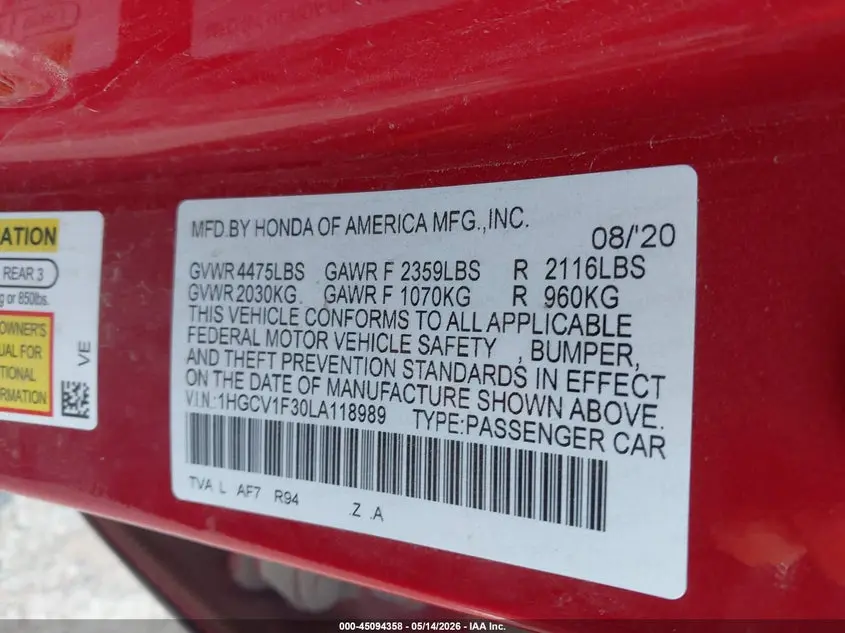 2020 HONDA ACCORD SPORT