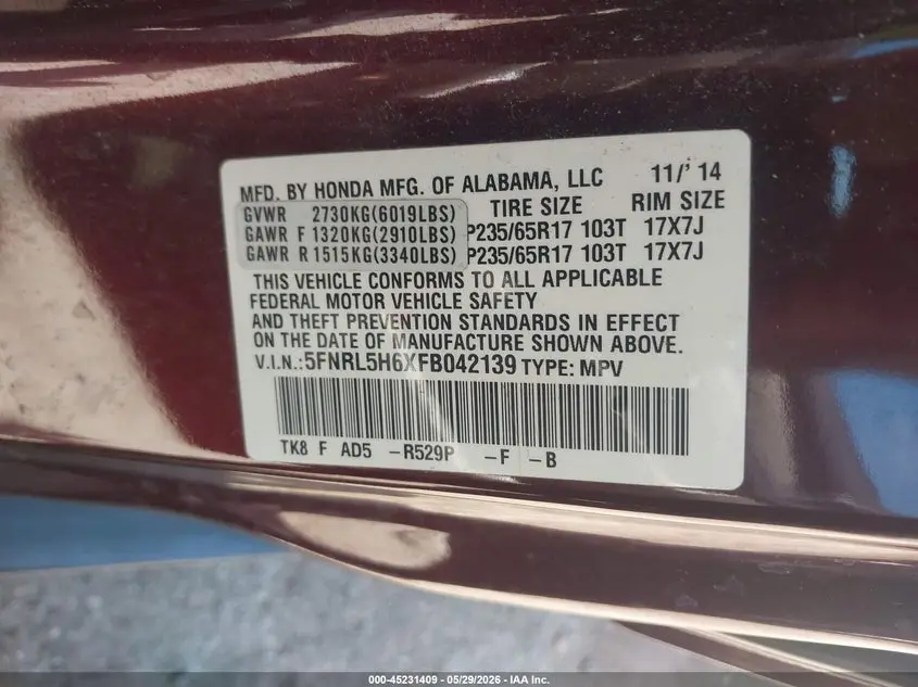 2015 HONDA ODYSSEY EX-L