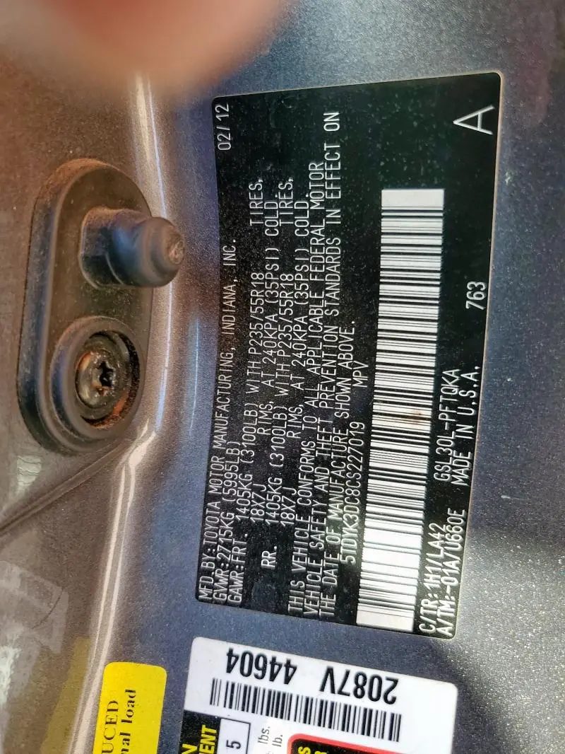 2012 TOYOTA SIENNA XLE  