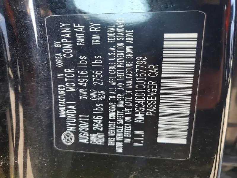 2012 HYUNDAI GENESIS 3.8L  