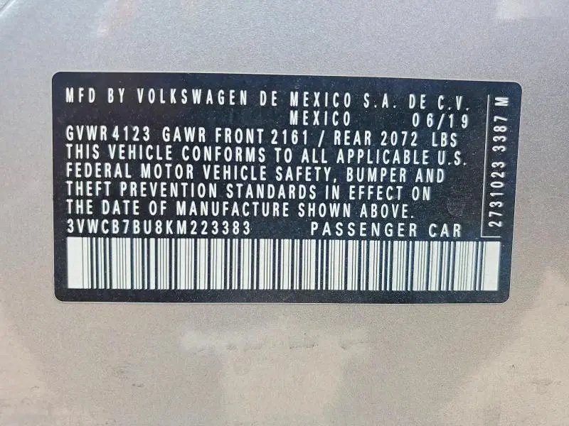 2019 VOLKSWAGEN JETTA S  