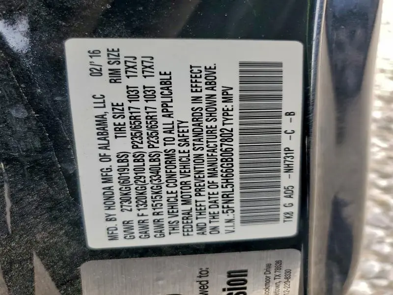 2016 HONDA ODYSSEY EXL  