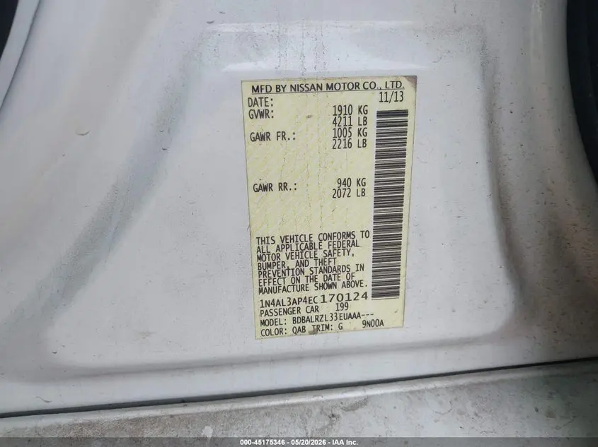 2014 NISSAN ALTIMA 2.5 S