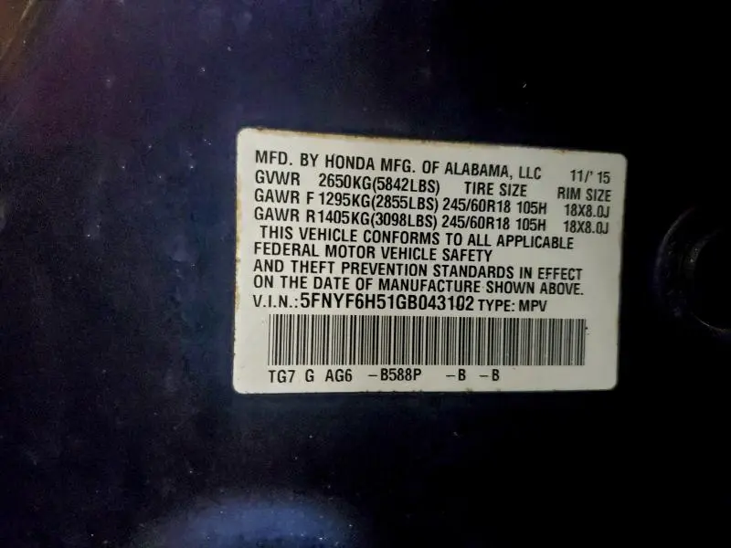 2016 HONDA PILOT EXL  