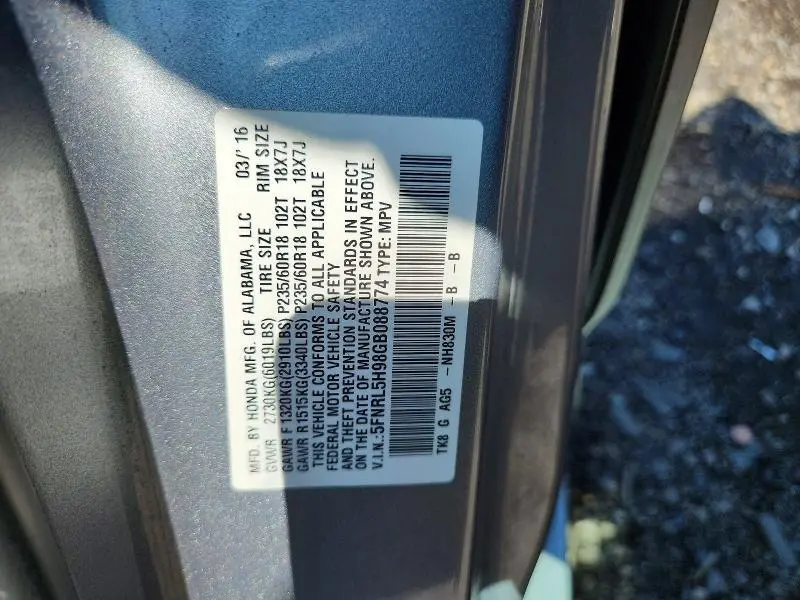 2016 HONDA ODYSSEY TOURING  
