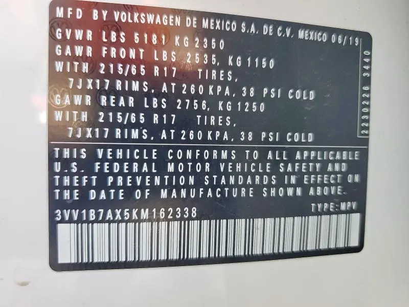 2019 VOLKSWAGEN TIGUAN S  
