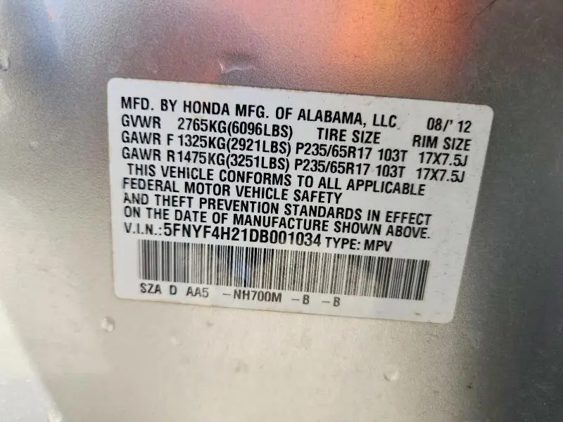 2013 HONDA PILOT LX  