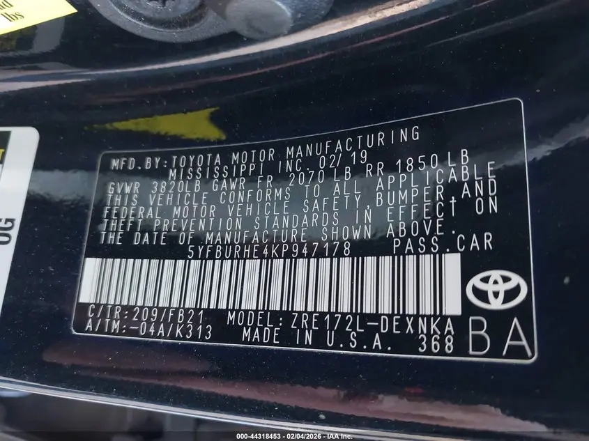 2019 TOYOTA COROLLA LE