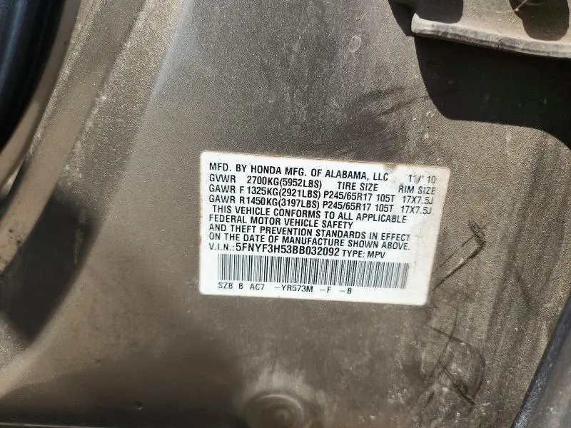 2011 HONDA PILOT EXL  