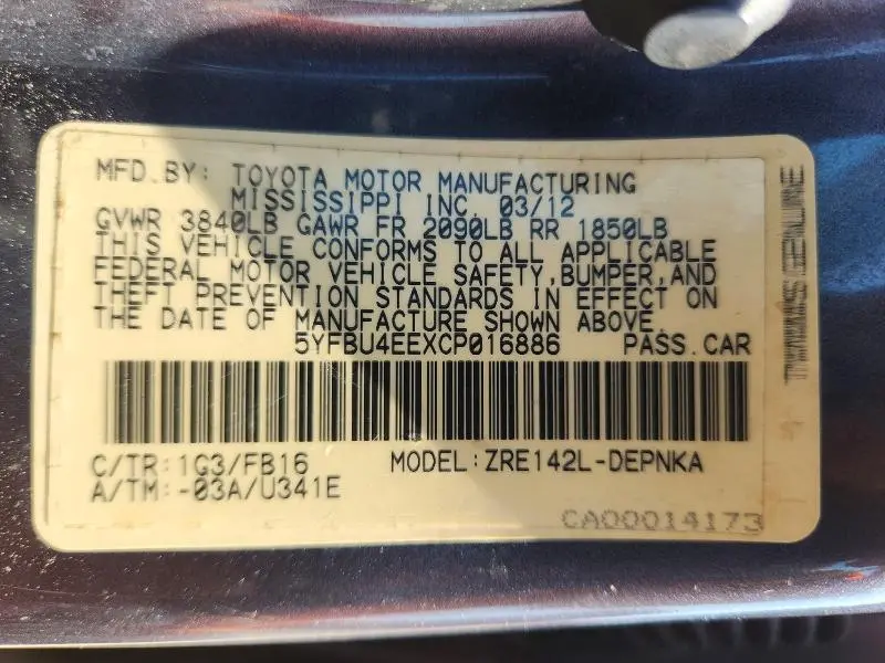 2012 TOYOTA COROLLA LE  