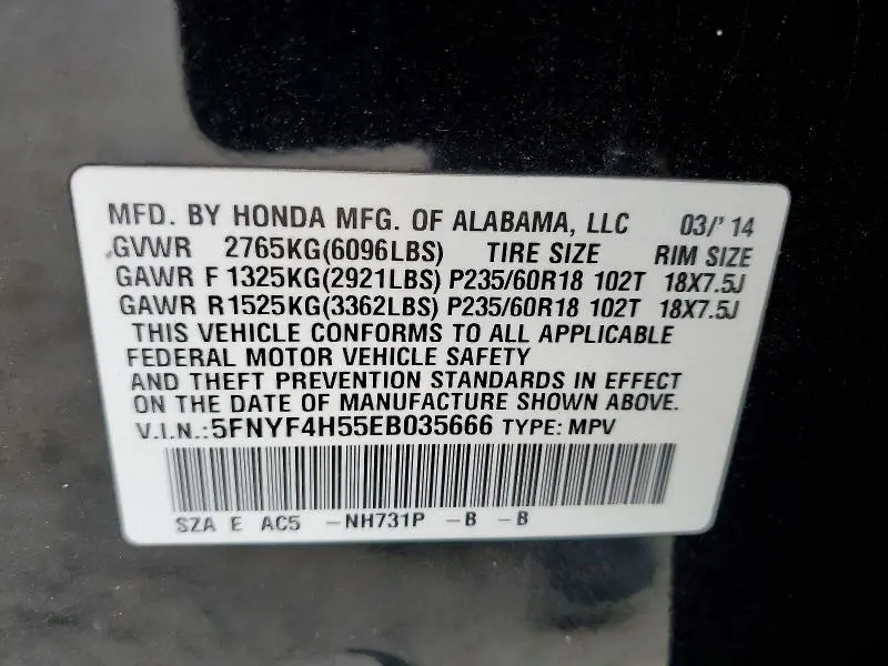 2014 HONDA PILOT EXL  