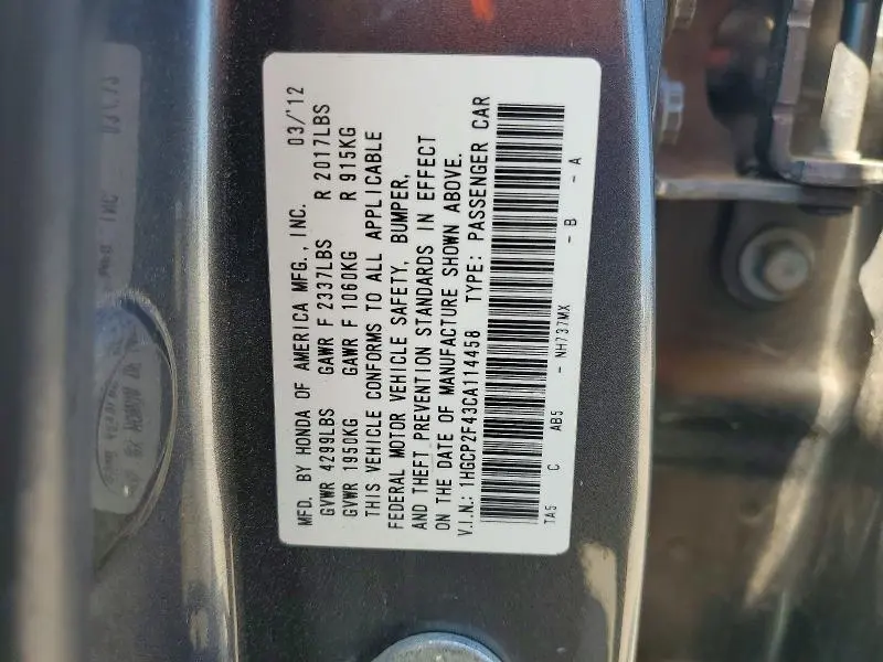2012 HONDA ACCORD LXP  