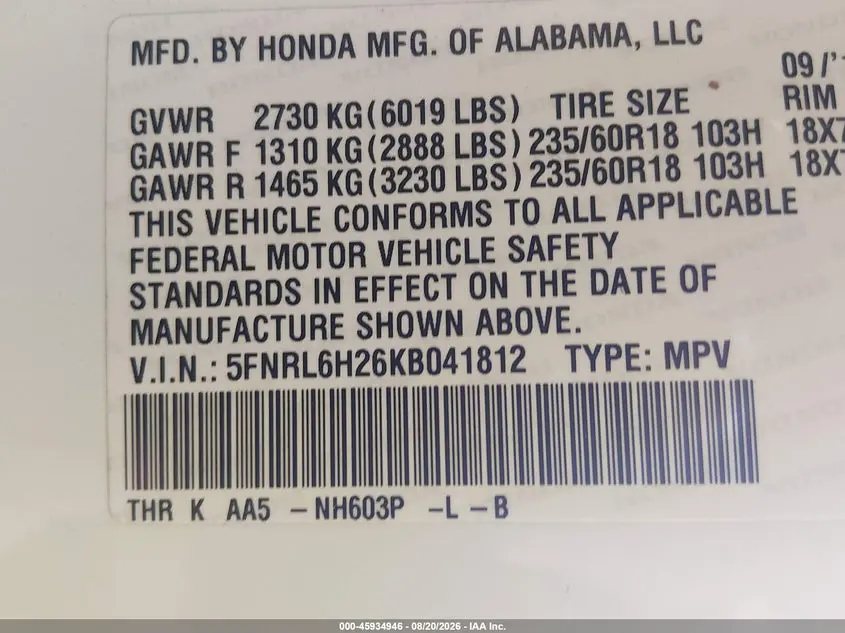 2019 HONDA ODYSSEY LX