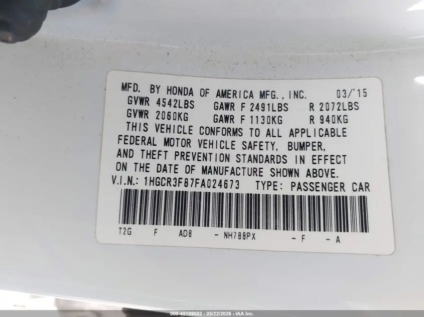 2015 HONDA ACCORD EX-L V-6