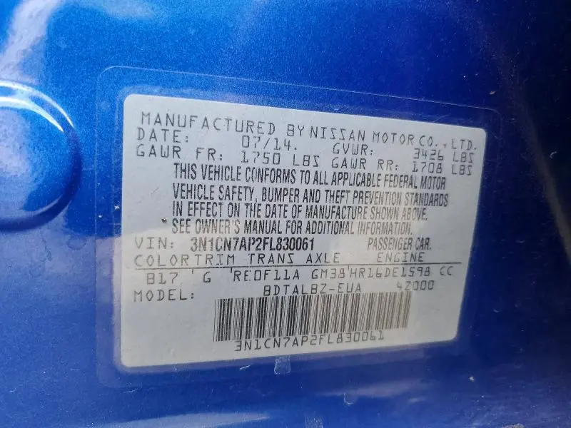 2015 NISSAN VERSA 1.6 SV  