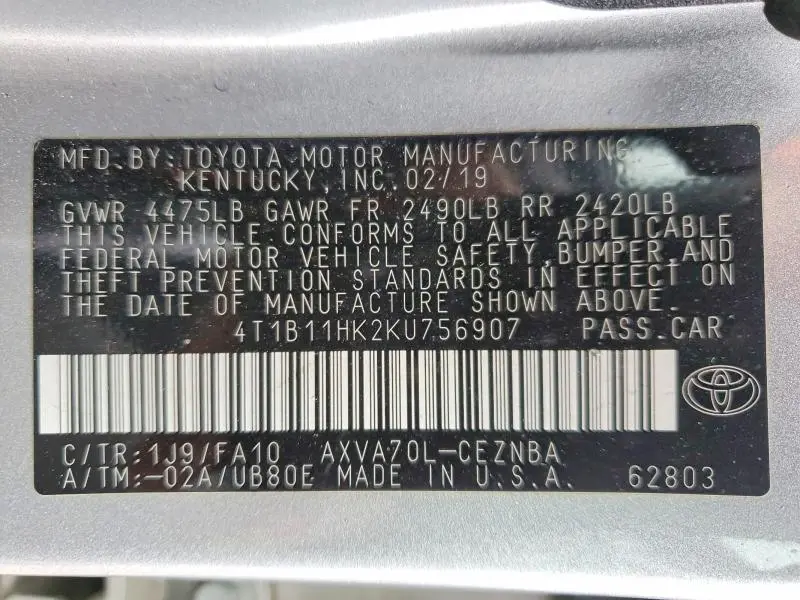 2019 TOYOTA CAMRY L  