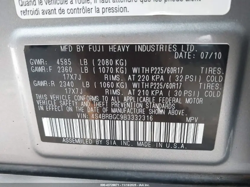 2011 SUBARU OUTBACK 2.5I PREMIUM