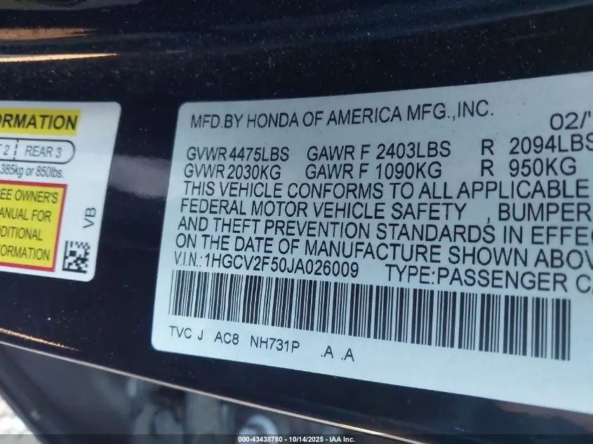 2018 HONDA ACCORD EX-L 2.0T