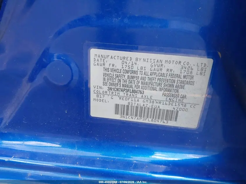 2015 NISSAN VERSA 1.6 S+