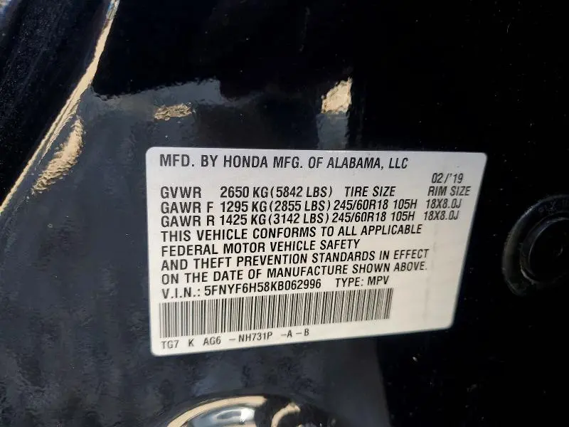 2019 HONDA PILOT EXL  