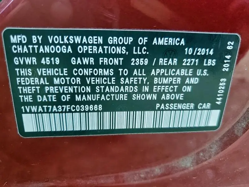 2015 VOLKSWAGEN PASSAT S  
