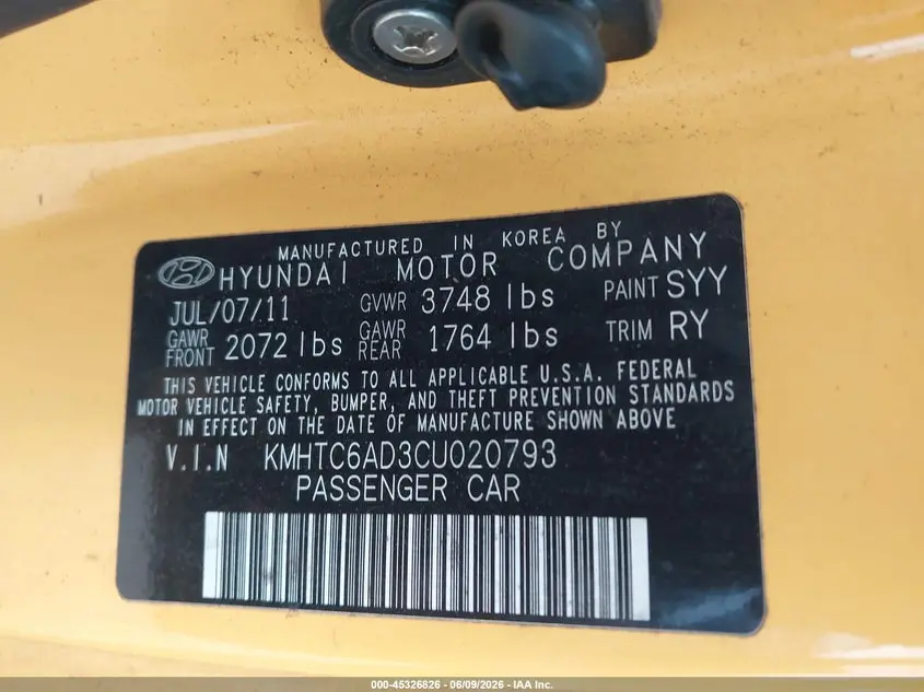 2012 HYUNDAI VELOSTER BASE W/BLACK