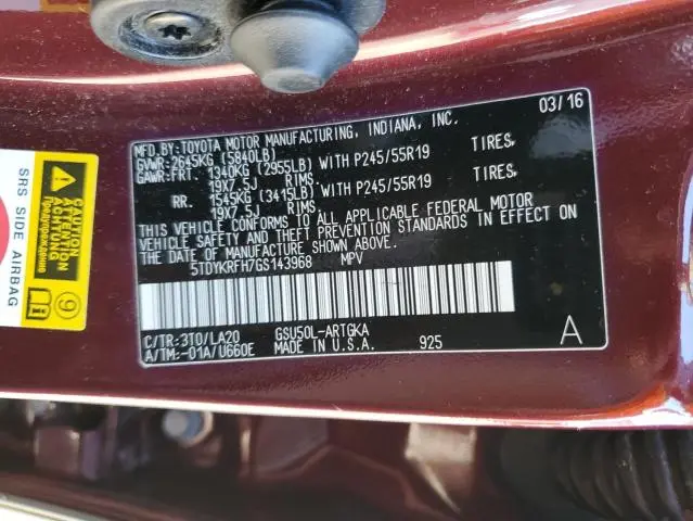 2016 TOYOTA HIGHLANDER LIMITED  