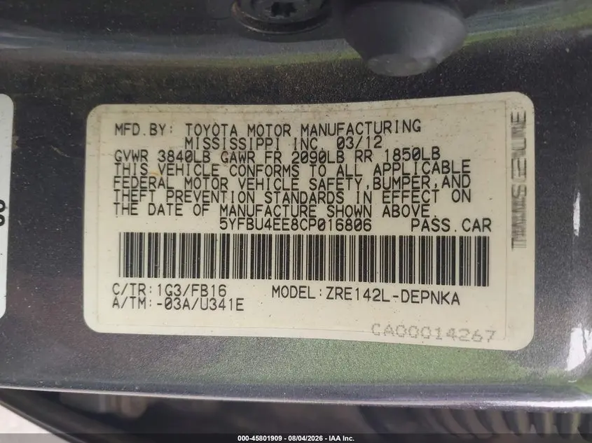 2012 TOYOTA COROLLA LE