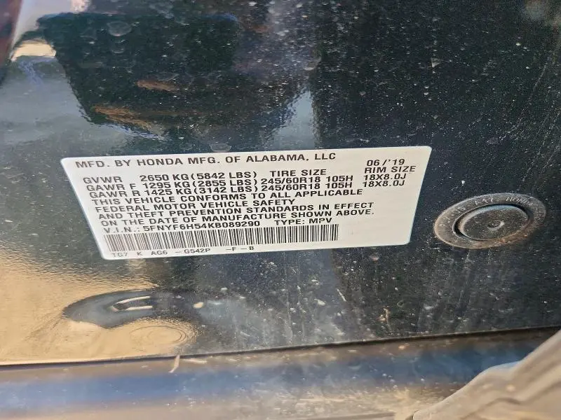 2019 HONDA PILOT EXL  