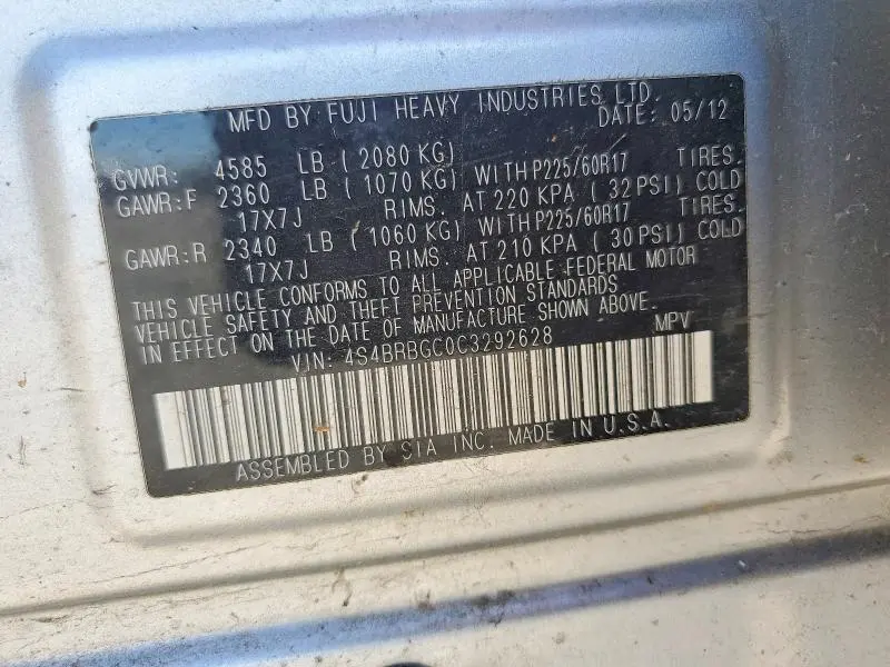 2012 SUBARU OUTBACK 2.5I PREMIUM  