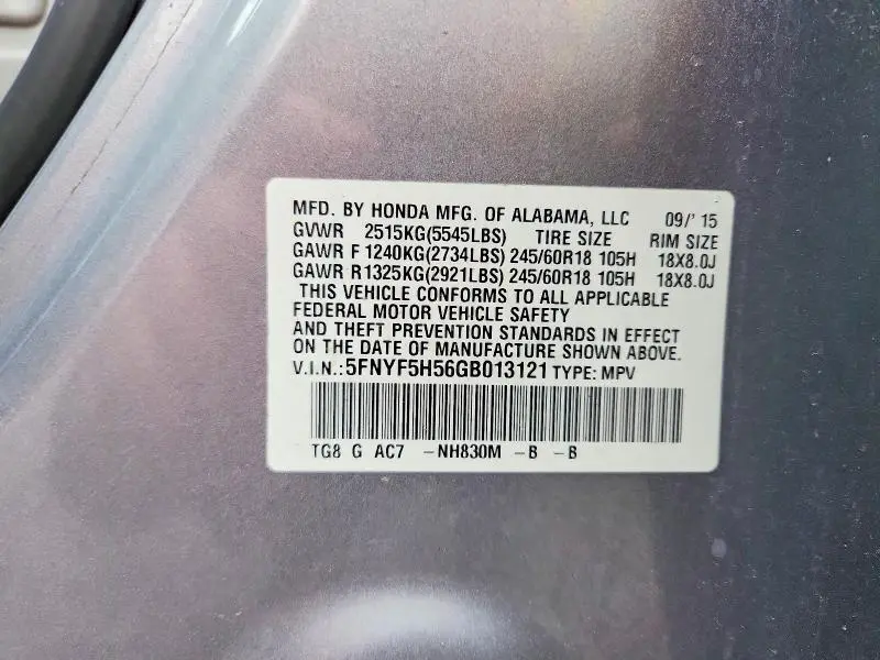 2016 HONDA PILOT EXL  