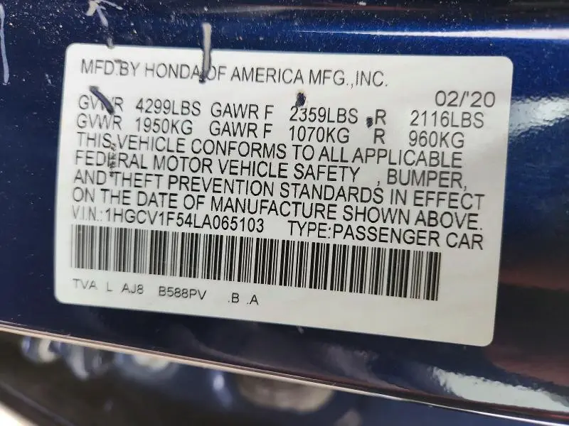 2020 HONDA ACCORD EXL  