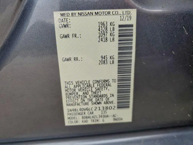 2020 NISSAN ALTIMA SV  