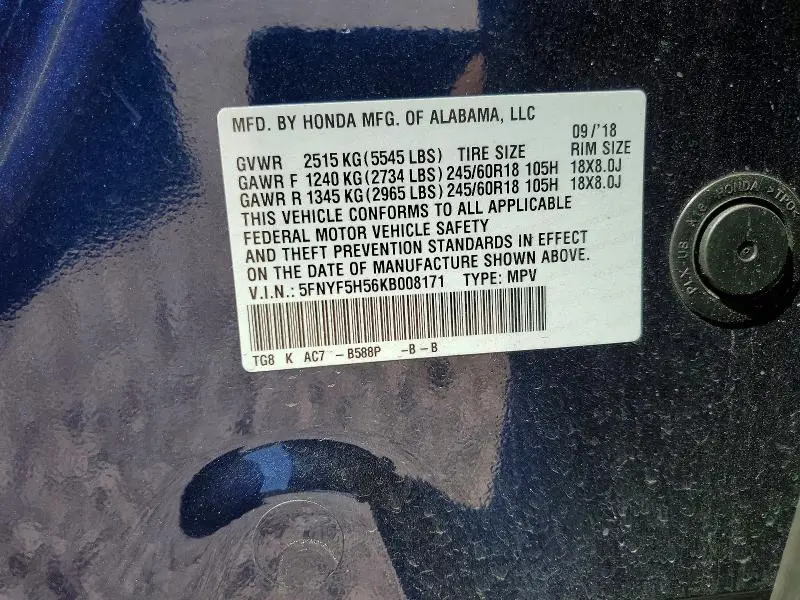 2019 HONDA PILOT EXL  