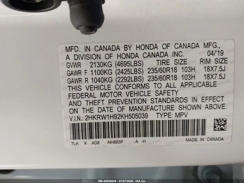 2019 HONDA CR-V TOURING