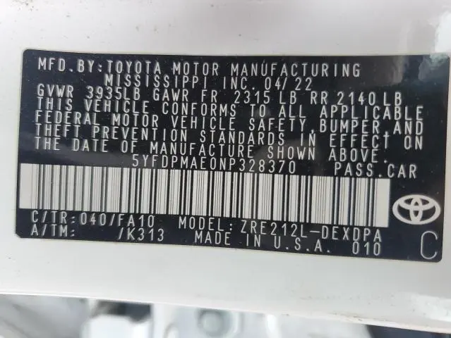 2022 TOYOTA COROLLA L  