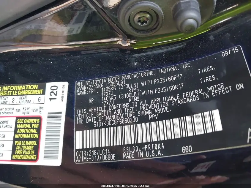 2015 TOYOTA SIENNA XLE 8 PASSENGER