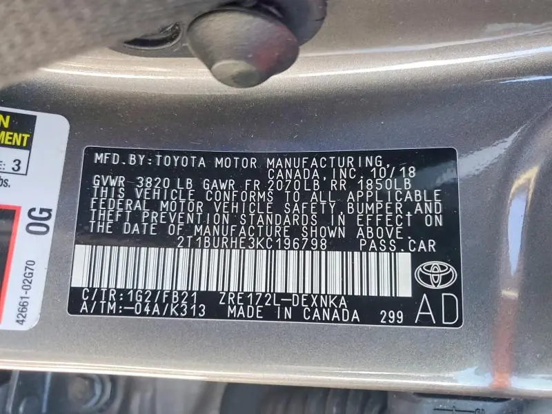 2019 TOYOTA COROLLA L  