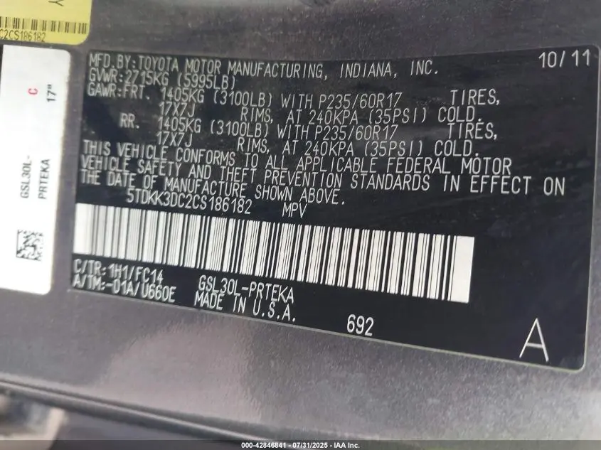 2012 TOYOTA SIENNA LE V6 8 PASSENGER
