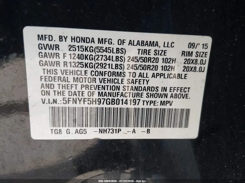 2016 HONDA PILOT TOURING