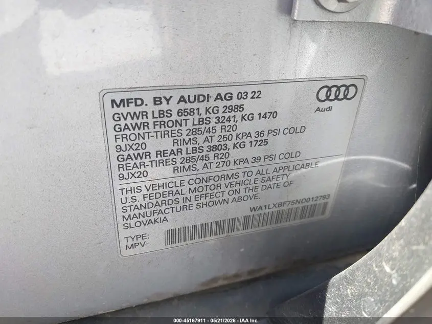 2022 AUDI Q7 PREMIUM PLUS 55 TFSI QUATTRO TIPTRONIC