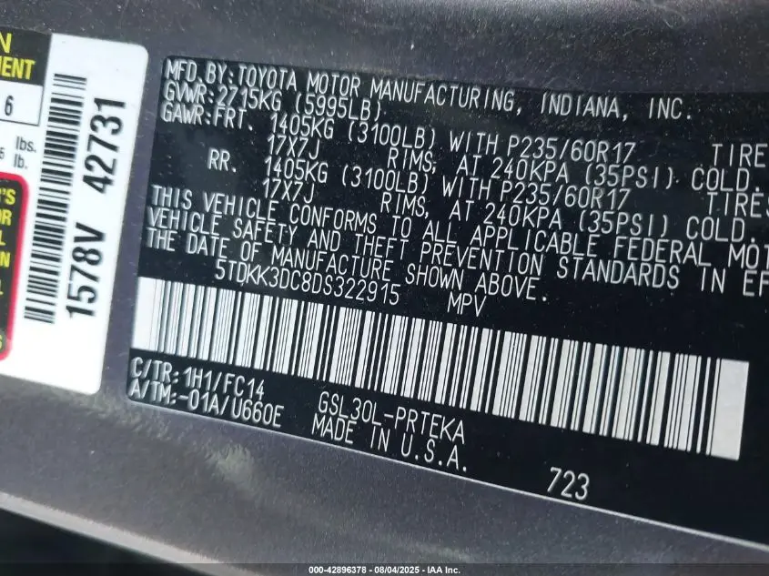 2013 TOYOTA SIENNA LE V6 8 PASSENGER