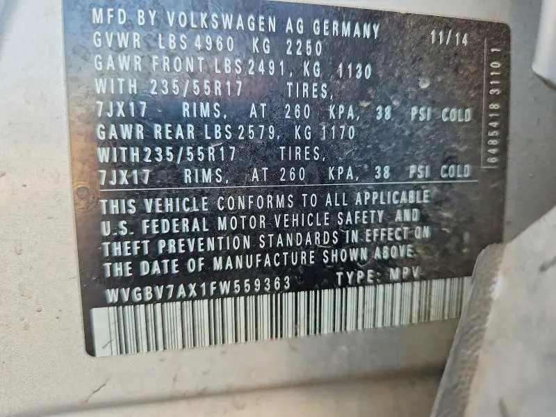 2015 VOLKSWAGEN TIGUAN S  