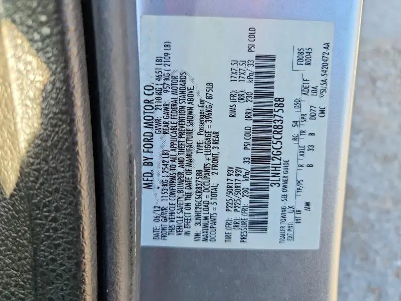 2012 LINCOLN MKZ   